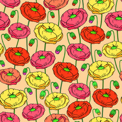 Fototapeta na wymiar Seamless pattern with poppies on a yellow background. Design for cards, invitations, covers, posters, paper and fabric.