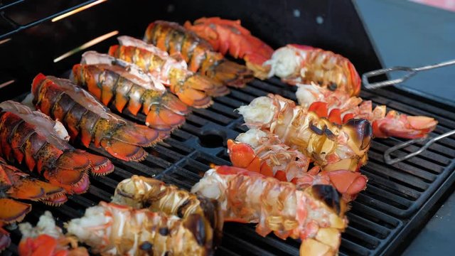  4K, lobster with chili butter on barbecue grill,4K footage  