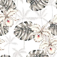 Wall murals Orchidee Tropical orchid flowers, monstera leaves, palm trees, white background. Vector seamless pattern. Jungle foliage illustration. Exotic plants. Summer beach floral design. Paradise nature