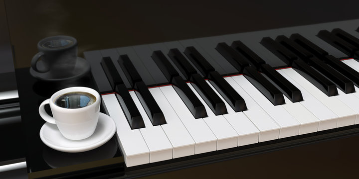 piano keys and a cup of coffee on them. 3D render.