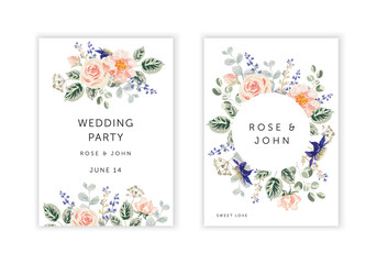 Wedding cards design. Pink rose flowers, green, gray leaves bouquets, round frame, white background. Vector illustration. Romantic floral arrangements. Invitation template