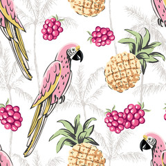 Macaw pink parrots, pineapples, raspberry, palm tree silhouettes, white background. Vector seamless pattern. Tropical illustration. Exotic plants, birds, fruits. Summer beach design. Paradise nature