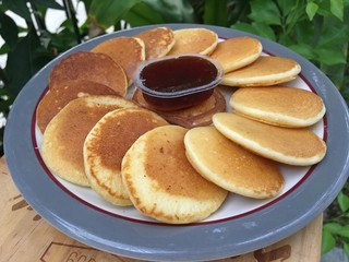 Mini pancake and strawberry jam