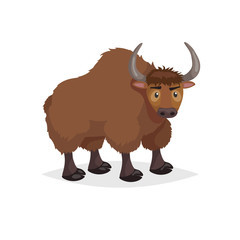 Cute cartoon yak. Wild animal. Vector illustration for child books. Big furry cattle animal. Isolated on white background.