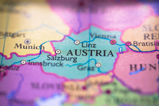 Geographical map location of country Austria in Europe continent on atlas