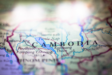 Geographical map location of country Cambodia in Asia continent on atlas