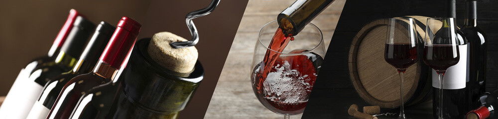 Set with glasses and bottles of red wine. Banner design