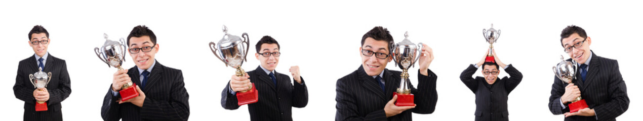 Funny guy receiving award on white