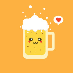 Cute happy smiling glass of beer. Cute flat design glass of beer character with facial expressions, emotions.  collection of emoji isolated on color background.