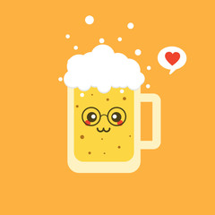 Cute happy smiling glass of beer. Cute flat design glass of beer character with facial expressions, emotions.  collection of emoji isolated on color background.