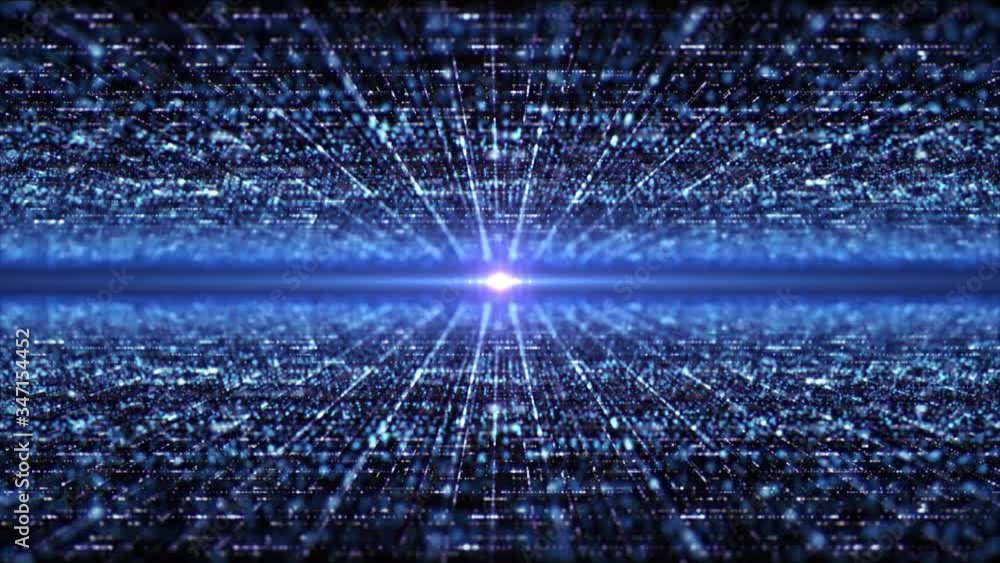 Poster Futuristic digital generated motion abstract matrix particles de-focus grid in cyber space digital background environment