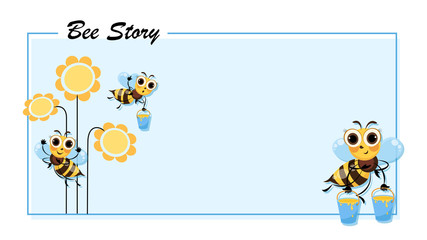Bee Story. Flowers. Swarm of bees collects honey. Poster with cute cartoon characters. 