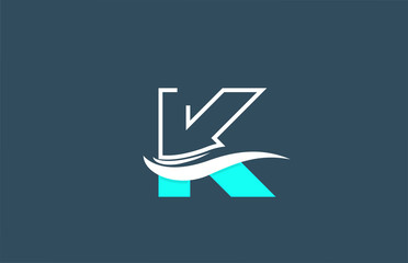 K blue white alphabet letter logo icon for company with swoosh design