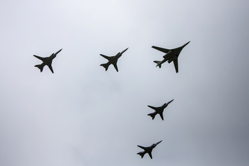 Combat aircraft fly in formation on May 9 Victory Parade