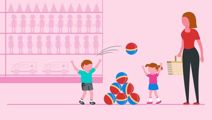 Shopping with children. Boy and girl play a ball in a toy market. Stall or showcase with kids or children toys. Mom with a basket is watching children. Vector illustration
