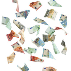 Set of falling money on white background. Currency exchange - obrazy, fototapety, plakaty