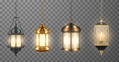Vector realistic set of beautiful muslim ornamental lamps, lanterns hanging on chainlets.