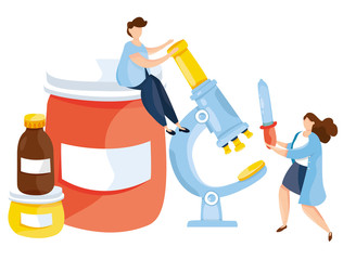 Modern vector illustration of cute doctors with thermometer, pills, drugs, tube, flu vaccine. Medicament Treatment and Health Care. Healthcare concept. Microscope. Epidemic. Pandemia. Viruses.