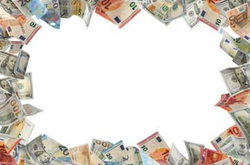 Frame made of money on white background, space for text. Currency exchange