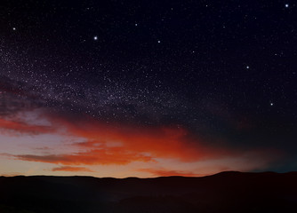 Mountain landscape and beautiful starry sky at night