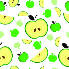 green Apple with a leaf. whole, part, and half. vector illustration. set. pattern