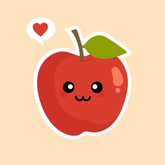 kawaii cute apple cartoon character. Fruits Characters Collection: Vector illustration of a funny and smiling apple character.