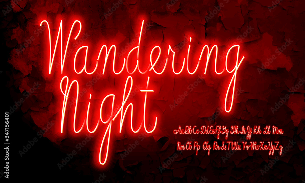 Poster neon script alphabet font. red neon uppercase and lowercase letters. hand drawn vector typeface for 