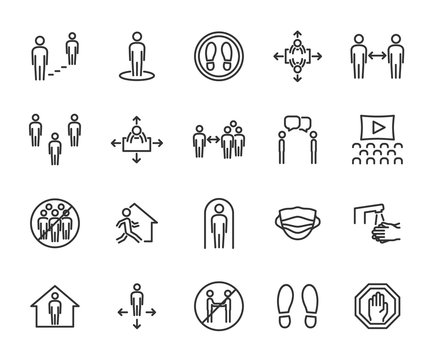 Vector set of social distance line icons. Contains icons safe distance, self-isolation, avoiding crowds, stay home, talking at a distance, safe workplace, and more. Pixel perfect.