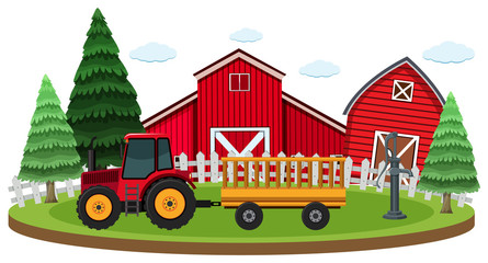 Scene with tractor and barns on the farm