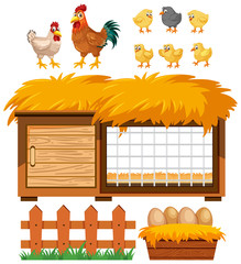 Chicken coop and many chickens on white background © brgfx