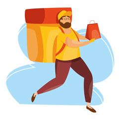 Delivery man, courier or volunteer in uniform with food bag in hands delivers products from online shop or supermarket. Online order tracking. Delivery concept. Vector illustration.