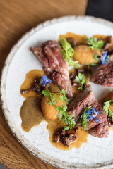 Duck Leg Meat with Potato Croquettes and Chanterelle Mushrooms