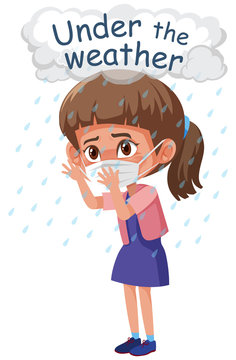 English idiom with picture description for under the weather on white background