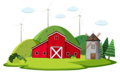 Scene with red barn and windmill on the farm