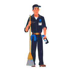janitor - male janitor in black uniform holding mop. Cleaning service and hospital disinfection. Flat style vector illustration on white background.
