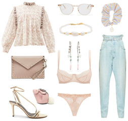 Fashionable clothes on a white background. Assembled image of clothes, accessories, shoes and bags.
