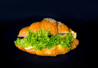 Appetizing fresh croissant with lettuce isolated on a black background close-up