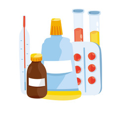Modern vector illustration of different medical pills and bottles. Pharmacy concept. Drugs, tablet, capsules, liquids and blisters.