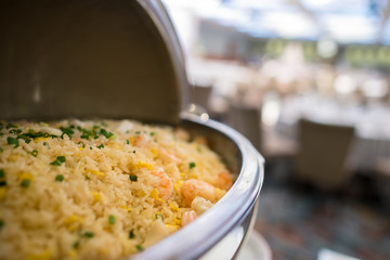 Prawn fried rice in potter on buffet line catering