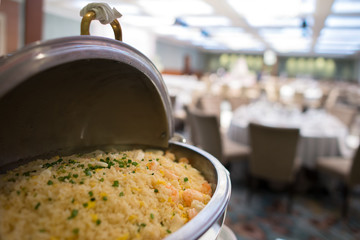 Prawn fried rice in potter on buffet line catering