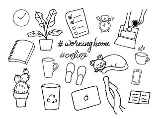 Work at home hand drawn doodle set