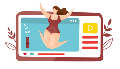 Vector of fitness course. Sport class at home. Online lesson with teacher. Lesson in mobile app. Quarantine epidemic. Working at home. Stretching and fitness exercises. Live streaming. Broadcast.