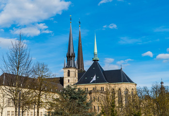 The main Cathedral Notre Dame in Luxembourg City, Luxembourg in beautiful winter blue skies