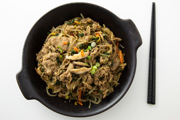 Soy Marinated Beef with sweet potato starch noodles is called Bulgogi in Korea