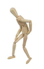 Wooden mannequin imitating backache and knee sickness isolated on white background