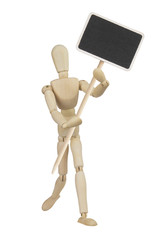 Wooden mannequin with blackboard label isolated on white background