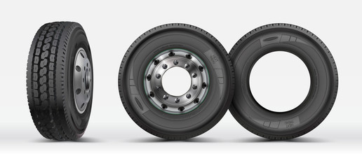 Front view, side view of a heavy truck lorry isolated on white. 3D illustration. Tire icon on white background, vector symbol. Rubber tyres. Big new tire for truck. Car wheel.