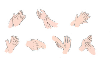 How to clean your hands properly. Rules for Disinfection and hand washing. The hygienic and medical treatment of an infection. Hand-drawn vector illustration in the Doodle style.