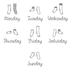 Vector illustration with a set of weekly socks with the names of the days of the week. Different socks in pairs. 
