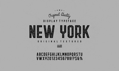 Vintage, octagonal, textured bold font with grunge effect. Vector alphabet letters, typeface.